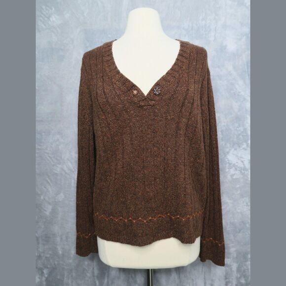 WOOLRICH Marled Chocolate Brown Sweater Size L Boxy Wool Blend Embroidered Rib - Picture 1 of 11